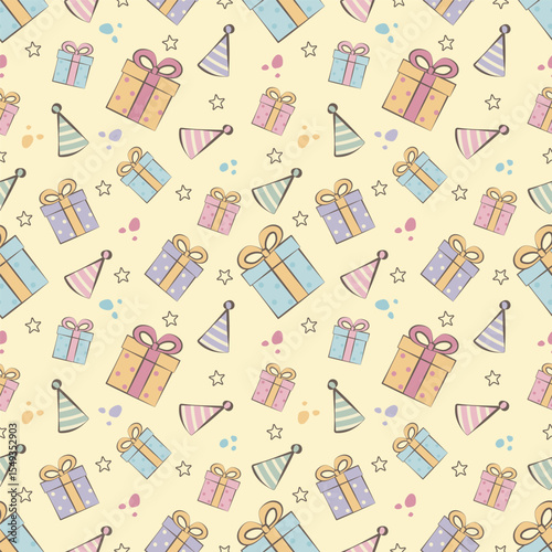 Seamless pattern with multi-colored gifts and party hats, with stars on a light yellow background