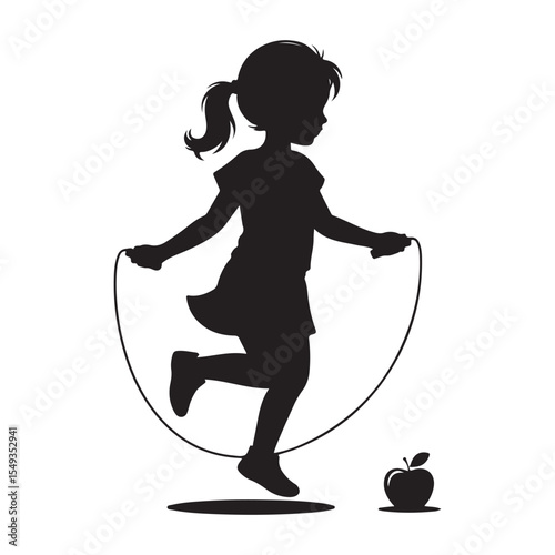 Black Silhouette Girl Jumping Rope Apple child skipping