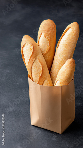 Four freshly baked, golden-brown baguettes sticking out of a brown paper bag. 