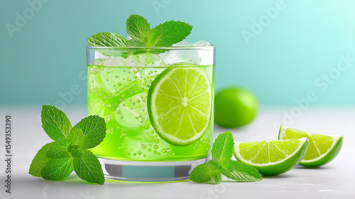 A refreshing, light green beverage filled with ice cubes in a clear glass,contain small green particles or pulp, possibly lime or cucumber, green sprigs of mint on top of the ice. 