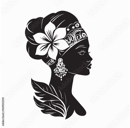 Beautiful Balinese Woman Wearing Traditional Attire and Frangipani Flowers on Her Head Silhouette vector