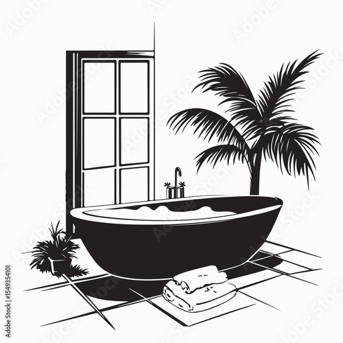 Bathroom with a Deep Soaking Tub and a Scenic View Image Vector on white background.