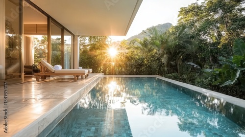 Wallpaper Mural A serene modern villa features a sparkling pool surrounded by lush greenery, bathed in warm sunlight, capturing luxury living and peaceful outdoor relaxation in an idyllic setting. Torontodigital.ca