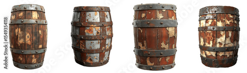 Set of various old rusty metal barrel with worn textures isolated on transparent background