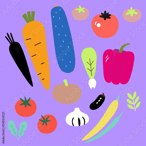 Assorted vegetables doodles in a playful, cute style. Flat vector illustration with unique vegetable colors and design.