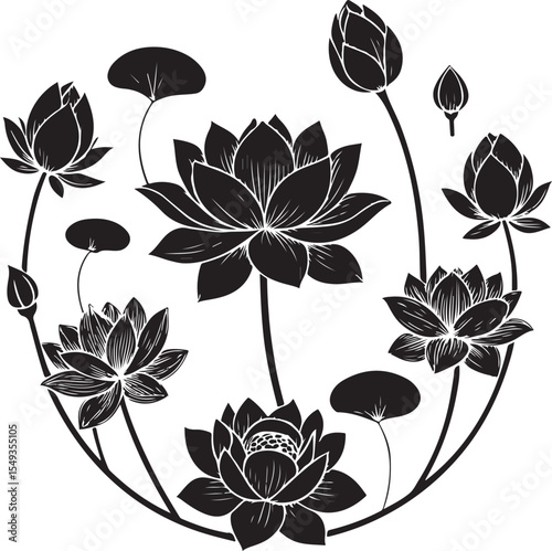 Lotus Flower Silhouette Clip-art Elegant Botanical Bloom Line Art
