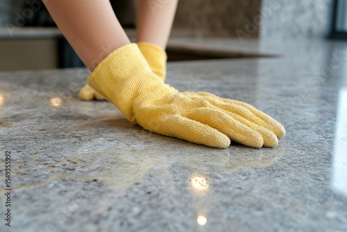 Close-up hand of maid cleaning the table during household chores, maintaining cleanliness and tidiness in the home., Generative AI