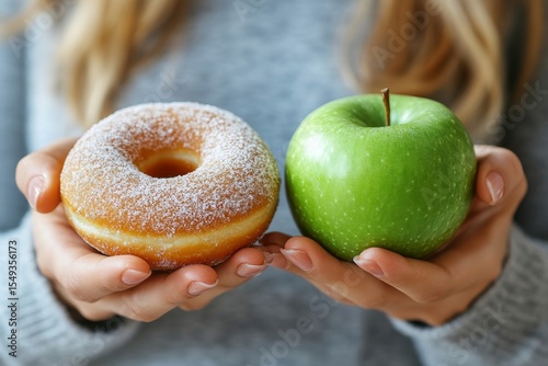 Woman on a diet for good health, using her hand to push out her favorite donut and choosing healthier options like green apples and vegetables., Generative AI