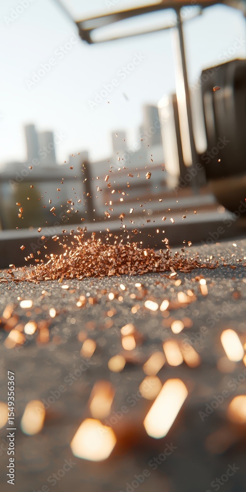 Naklejka premium Glimmering Metal Shavings on Urban Street Surface at Sunrise