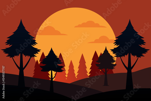 Autumn maple trees silhouetted against a vibrant sunset sky, creating a breathtaking fall landscape illustration
