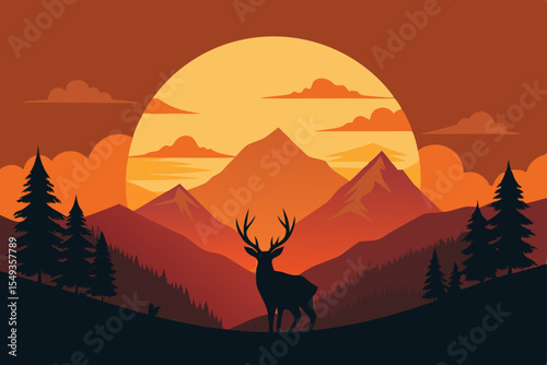 Golden sunset illuminates the wild mountain landscape, silhouetting a majestic deer and horse against the vibrant sky