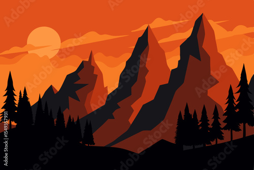 Orange morning and evening sun illuminating mountain and forest landscapes with clouds