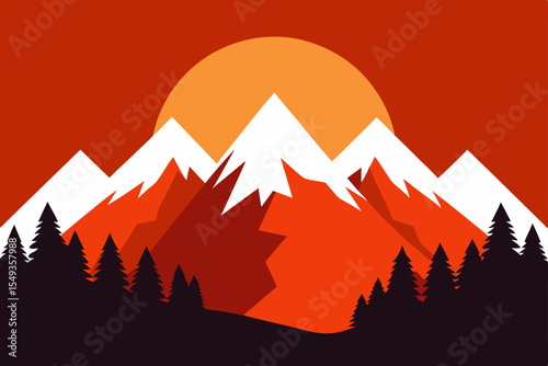 Vector illustration of a mountain landscape with a vibrant sunset sky, silhouetted trees, and a distant river, capturing the serene beauty of nature