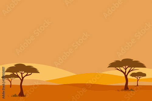 Desert and beach sunset landscapes with silhouetted palm trees and the sun in a tropical sky