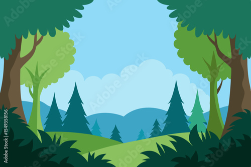 Mountain forest landscape with green trees, blue sky, and sun