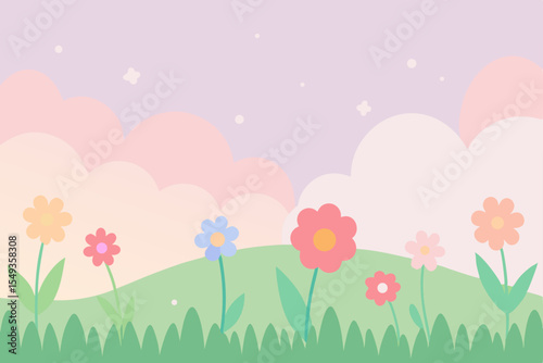 Blooming spring and summer meadow with pink flowers, grass, and butterflies under a clear sky