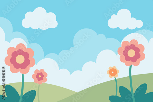 Pink flowers blossom under a blue sky, some with butterflies, and others amongst green grass, forming a vibrant floral spring vector design perfect for greeting cards