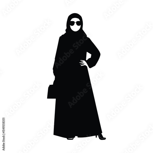 Stylish Muslim Woman Silhouette Logo with Sunglasses and Handbag – Modern Hijabi Fashion Illustration for Branding and Design