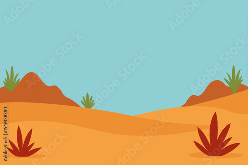 Desert landscape vector illustration at sunset with palm trees, mountains, and sun in the sky