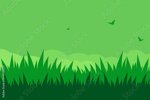 Green grass vector illustration with summer sky and birds in a meadow landscape