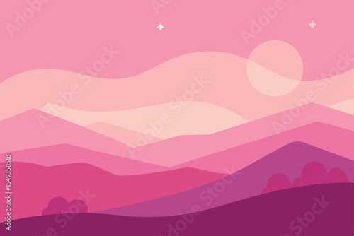 Abstract vector illustration of a mountain landscape with a sunset sky, featuring hills, fog, and the silhouette of peaks in the mist