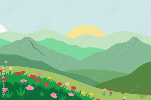 A vibrant summer mountain landscape unfolds under a blue sky, featuring green fields, trees, and distant hills with fluffy clouds