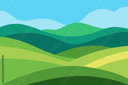 Vibrant summer landscape with green hills, majestic mountains, and a blue sky with fluffy clouds