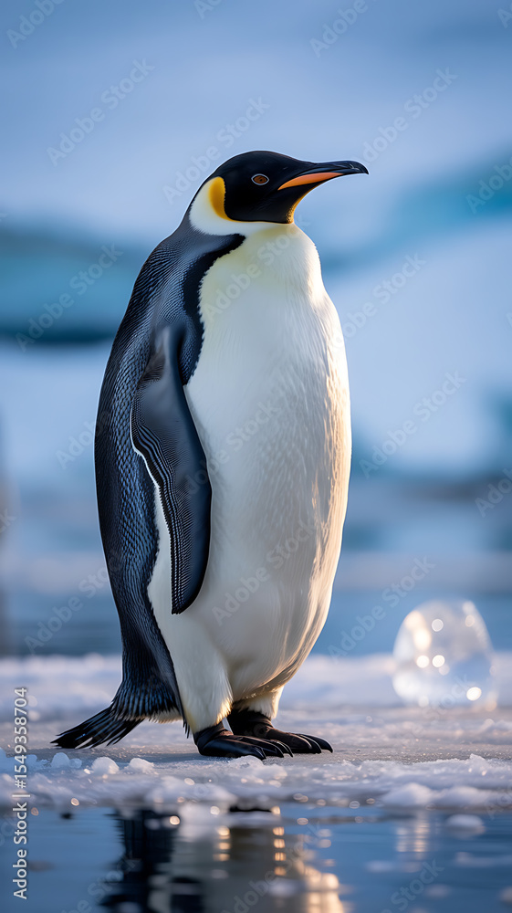 Obraz premium Emperor penguin stands on icy terrain. 