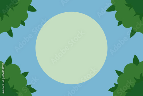 Green foliage frames a natural design of leaves against a fresh blue sky, illustrating the essence of the spring and summer season