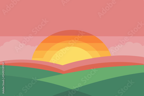 Colorful summer landscape with a vibrant rainbow stretching across the sky, a green field leading to distant hills under clouds and sun
