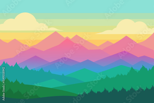 Vector illustration of a mountain landscape with a majestic peak silhouetted against a vibrant sunset sky, showing a serene valley and distant misty hills