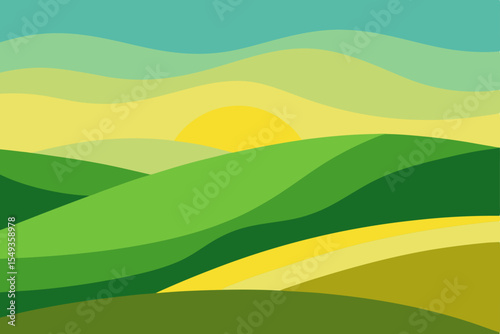 Green vector landscape illustration with rolling hills, a summer meadow, and a clear sky