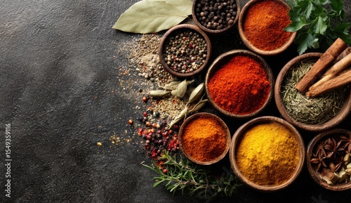 Fototapeta Naklejka Na Ścianę i Meble -  Aromatic and colorful spices in wooden bowls on a dark surface, ready to elevate your cooking.