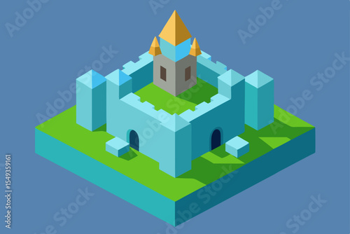 Cartoon vector isometric castle building icon with a town road map illustration