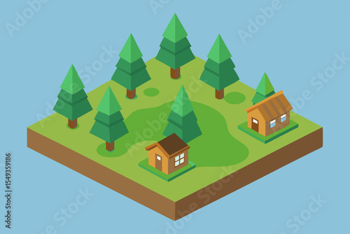 A charming cartoon house with a red roof and welcoming door nestled in a vibrant forest landscape under a summer sky