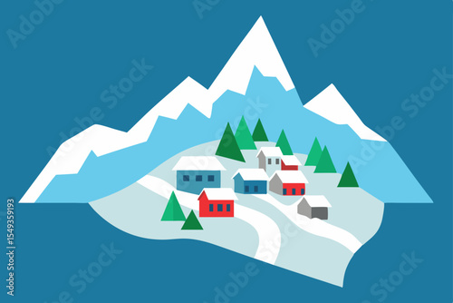 Snowy winter mountain landscape with a cozy Christmas village house and trees
