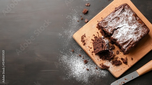 A delectable chocolate brownie placed on a wooden board, dusted with powdered sugar, invitingly designed for anyone with a sweet tooth and love for desserts.