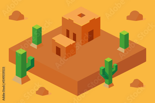 Old isometric vector illustration of an orange brick building with windows, perfect for urban architecture or city map design