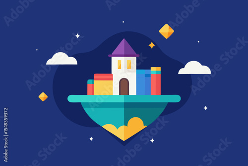 Night Christmas house on the winter sea with a snowy landscape, vector illustration of a holiday home under a moonlit sky with a boat