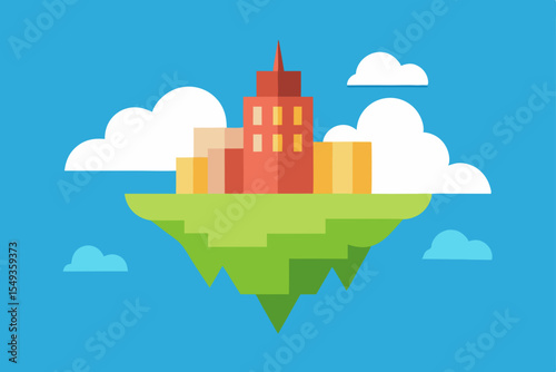 Vector illustration of a vibrant urban landscape with city buildings, trees, and clouds under a clear sky