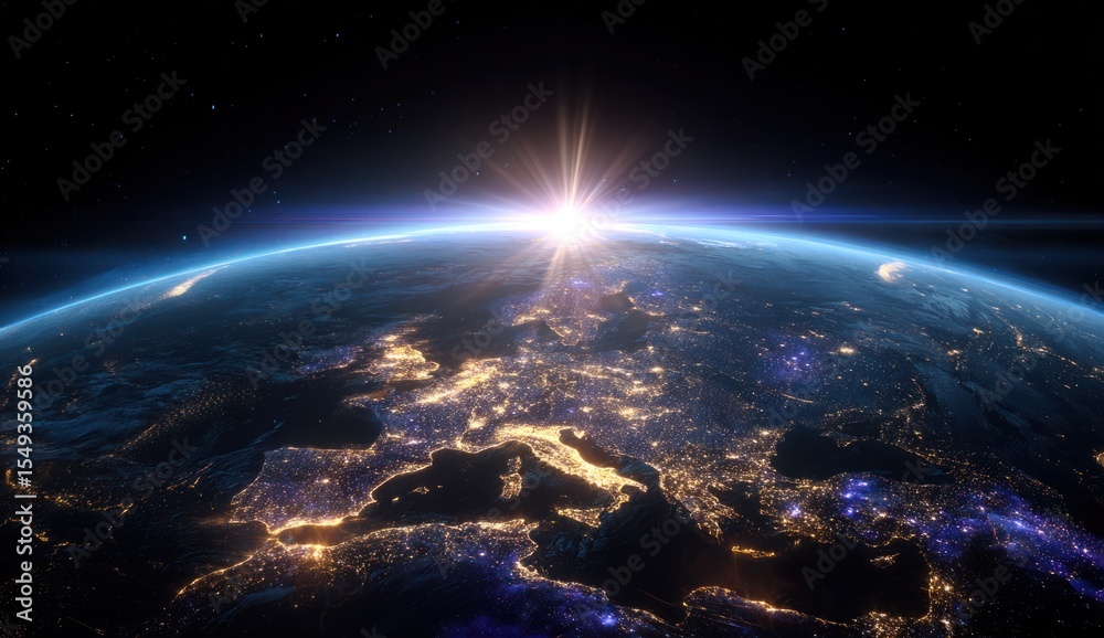 Fototapeta premium Awe-Inspiring View of Earth from Space at Dawn, Showcasing Europe's Vibrant City Lights and a Brilliant Sunburst