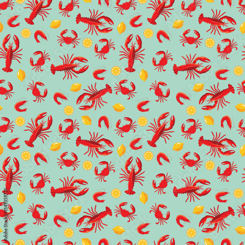 Seamless seafood pattern with lobster, crab, shrimp and lemon. Colorful marine food pattern with lemons and crustaceans. Lobsters, shrimps and crabs seamless vector seafood background