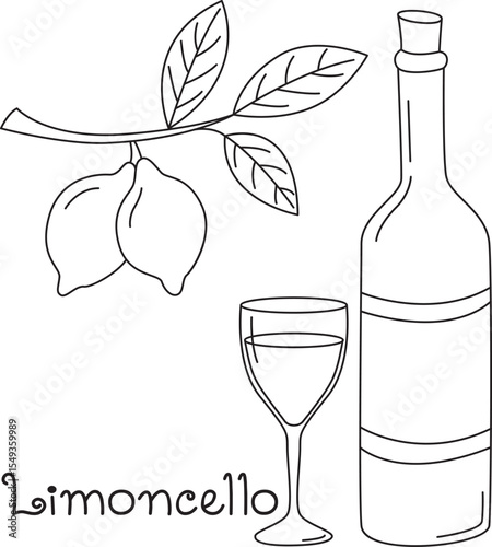 Limoncello bottle, glass and lemon fruit doodle illustration. Linear drawing with traditional Italian liquor