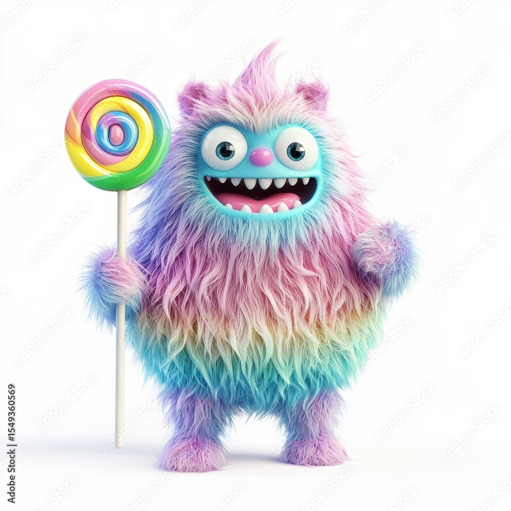 Fototapeta premium Happy furry monster holding a pastel rainbow lollipop, isolated on white