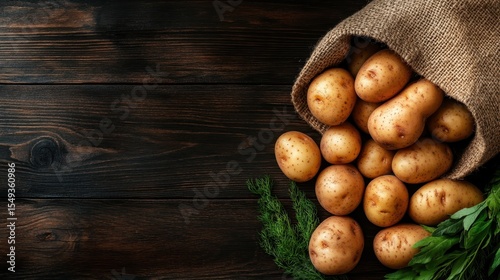 A burlap bag spills out fresh, unblemished potatoes, symbolizing wholesome produce and the importance of agriculture while inviting a sense of rustic charm and earthiness into the kitchen.