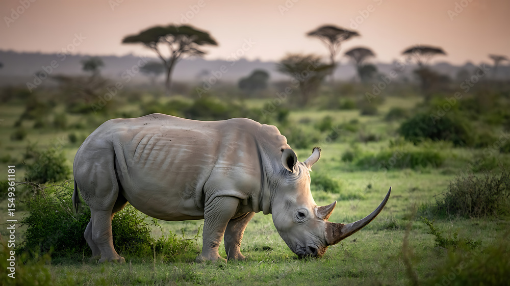Obraz premium White rhinoceros grazing in a grassy plain. 