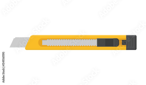 A yellow utility knife sits horizontally against a white backdrop. The knife features a retractable, segmented blade for easily cutting materials. It's useful for crafting and DIY projects.