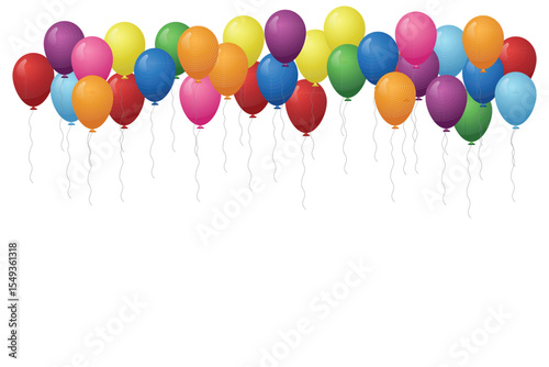 A festive assortment of balloons in various colors is displayed against a stark white background. The balloons float upwards, creating a celebratory and cheerful atmosphere.