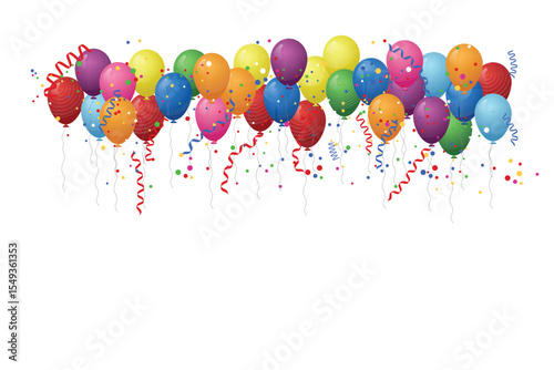 A vibrant arrangement of multicolored balloons graces the upper portion of a white backdrop. Confetti and ribbon accent the scene, creating a cheerful celebratory ambiance.