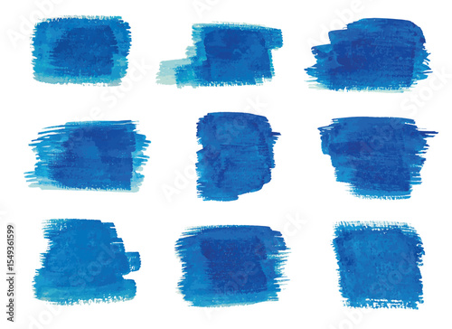 A collection of nine blue watercolor brush strokes of varying shapes and sizes, isolated against a clean white background. Each stroke has unique textures and shades of blue.
